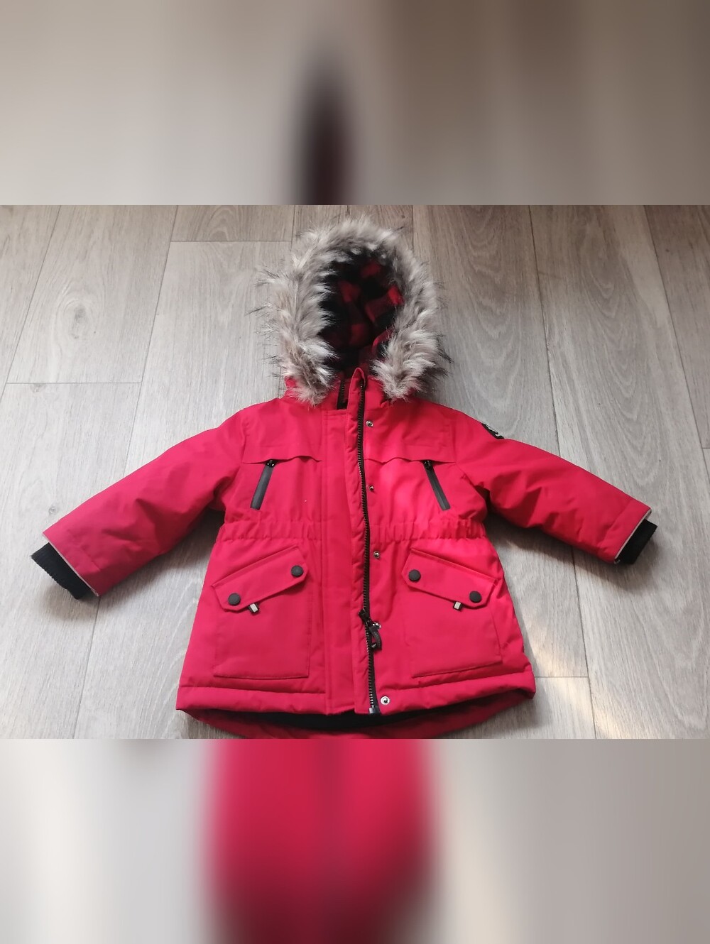 Canadiana Red Winter Parka with Faux Fur Hood